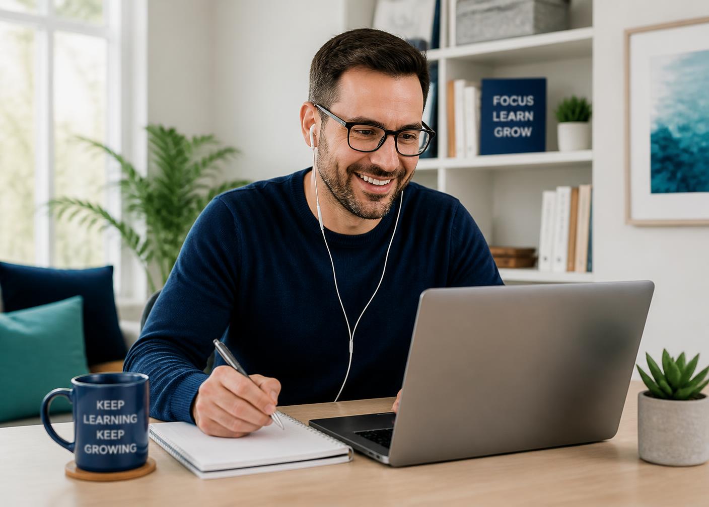 A learner studying a GCI programme online at home